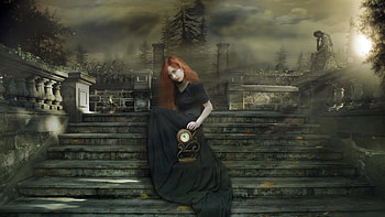 Keeper of Time, ruin, black, grey, bird, keep, girl, dress, destruction, time, red, clock, cloud HD wallpaper