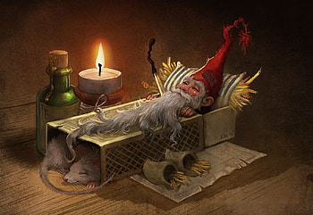 Sleeping Gnome, art, candle, bed, mouse, matchbox, bottle HD wallpaper