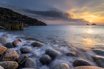 Nature, Sunset, Stones, Sky, Sea, Horizon HD wallpaper