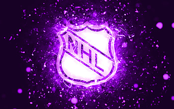 NHL violet logo, , violet neon lights, National Hockey League, violet abstract background, NHL logo, cars brands, NHL HD wallpaper