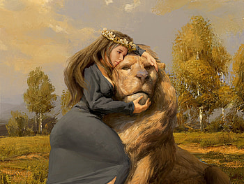 Una and the lion, una, leu, ivan onokhin, fantasy, art, girl, lion HD wallpaper
