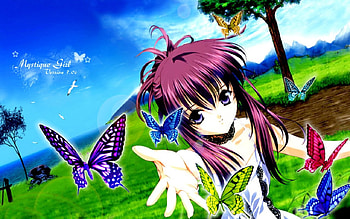 Mystique Girl 3.0, girl, beautiful, beauty, woman, purple, butterflies, anime, pretty, green, clouds, sky, female HD wallpaper
