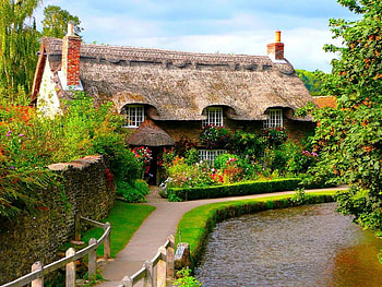 house garden, garden flowers, color, house, clouds, sky, water HD wallpaper