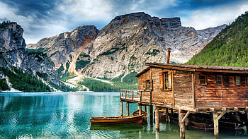 Lago de Braies, Dolomites, Italy, boat, clouds, sky, mountains, alps, cabin HD wallpaper