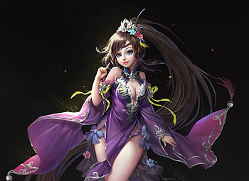Cute girl, purple, black, frumusete, fantasy, game, cute, girl, luminos HD wallpaper