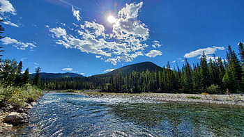 Gorgeous day for a hike, Alberta, trees, landscape, clouds, sky, water, canada, mountain, reflections HD wallpaper