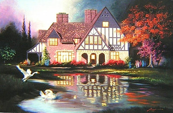 Colorful Swans House, colors, paintings, beautiful, spring, reflections, love four seasons, swans, trees, nature, flowers, lovely, pond HD wallpaper