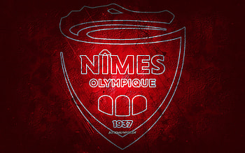 Nimes Olympique, French football team, red background, Nimes Olympique logo, grunge art, Ligue 2, France, football, Nimes Olympique emblem HD wallpaper