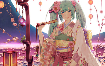 Anime, Moon, Smile, Girl, Kimono, Fan HD wallpaper