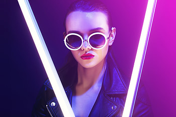 Sunglasses, woman model, neon lights HD wallpaper