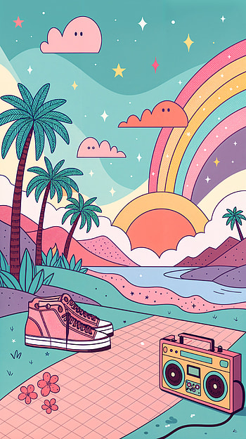 Chillwave Dreams: A Retro Escape, tropical landscape, rainbow, sneakers HD phone wallpaper