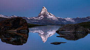 Blue hour at the Matterhorn, Switzerland, sky, water, rocks, alps, lake, reflections HD wallpaper