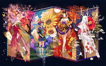 :), blue, black, girl, fuji choko, anime, flower, yellow, red, manga HD wallpaper