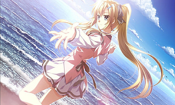 Amano Angeline Hotaru, blue, sea, white, anime girl, pink, anime, anime school girl, clouds, supipara, sky, water, ocean HD wallpaper