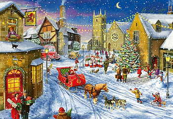 Santa's Sleighride, houses, christmas, snow, village, painting HD wallpaper