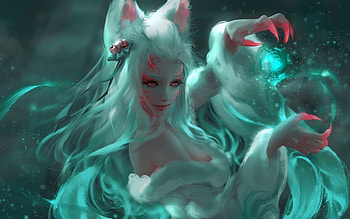 Ahri, green, pink, fantasy, art, kitsune, vulpe, girl, fox HD wallpaper