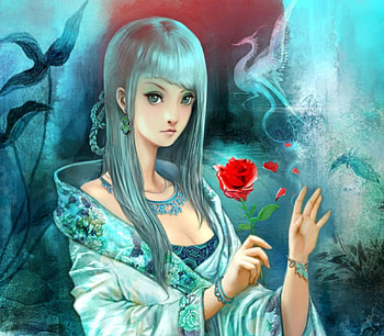 Dragon Song, leaves, fantasy, flower, dragon, woman HD wallpaper
