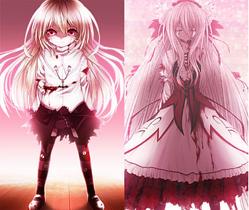 blood cura x2, pink, cg, game, red eyes, cura, blood, dress HD wallpaper