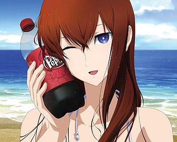 Pepsi, sand, steins gate, coke, soft drink, long hair, beauty, beach, cg, , adorable, water, kurisu makise, ocean, female, sea, makise kurisu, makise, cold, girl, kurisu, beautiful, food, bottle, kawaii, anime girl, gret, anime, wink, brown hair, face, drink HD wallpaper