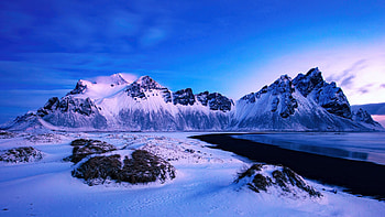 Vestrahorn Mountain, Hornafjoerdur, Iceland, ice, snow, winter, landscape, sky, sunrise HD wallpaper