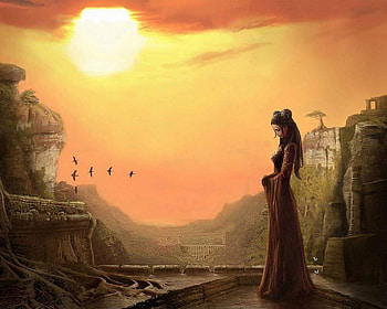 Waiting For Her Love To Return, ducks, sad, cliffs, castle, sun, woman HD wallpaper