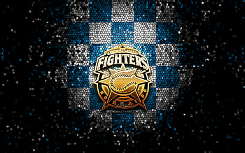 Nippon Ham Fighters, glitter logo, NPB, blue white checkered background, baseball, japanese baseball team, Nippon Ham Fighters logo, mosaic art, Nippon Professional Baseball HD wallpaper