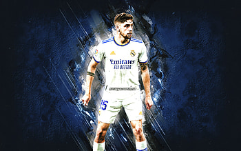Federico Valverde, Real Madrid, Uruguayan footballer, midfielder, blue stone background, La Liga, football, Valverde Real Madrid HD wallpaper
