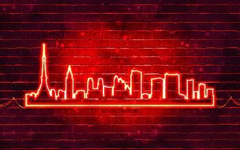 Tokyo red neon silhouette, , red neon lights, Tokyo skyline silhouette, red brickwall, japanese cities, neon skyline silhouettes, Japan, Tokyo silhouette, Tokyo HD wallpaper