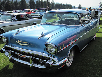 1957 Chevrolet Bel Air, blue, headlights, graphy, Black, Nickel, Tires, green, trees, Chrome, Chevrolet HD wallpaper