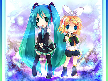 chibi hatsune miku kagamine rin vocaloid, kagamine, miku, chibi, hatsune, rin, vocaloid HD wallpaper