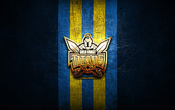 Gold Coast Titans, golden logo, National Rugby League, blue metal background, australian rugby club, Gold Coast Titans logo, rugby, NRL HD wallpaper