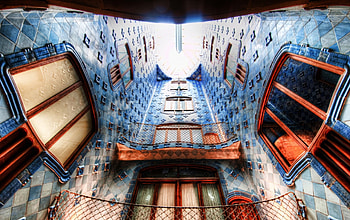 a shaft in gaudi's casa batllo in barcelona r, architecture, windows, shaft, building, r, balcony HD wallpaper