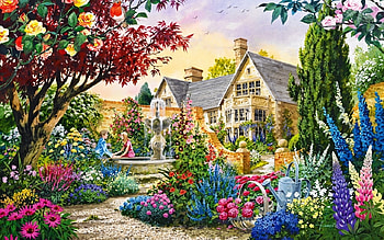 flower garden, garden, country, house, flower HD wallpaper