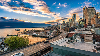 Seattle, Highway, Town, Washington, Motorway, Mountains, Summer, House, Ocean, States, Seaport, Road, Sky, Clouds, Sea, Water, Forrest, Docks, Space Needle, Port, City, Building, Drive, United HD wallpaper