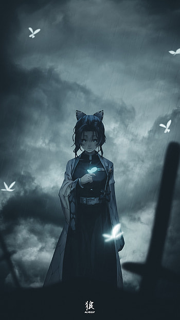 Shinobu Kocho, anime x reality, cloud, sky, rain, demon slayer, anime aesthetic, kimetsu no yaiba, anime , anime HD phone wallpaper
