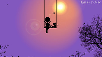 Birds, Art, Sun, Silhouette, Cat, Girl, Swing HD wallpaper