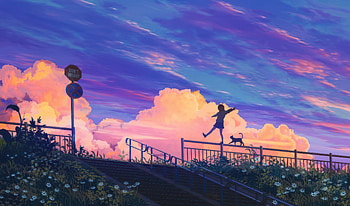 Anime Girl And Kitten Walking On Rails In Joy, anime-girl, anime, cat, joy, happy, artist, artwork, digital-art HD wallpaper