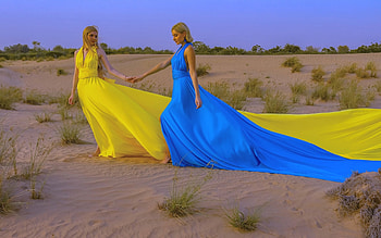Colors of Ukraine, dunes, yellow, blue, Ukraine, girls, dress HD wallpaper