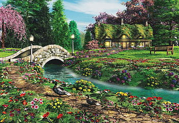 Pleasant Journey, ducks, river, artwork, painting, bridge, flowers, cottage, forest HD wallpaper