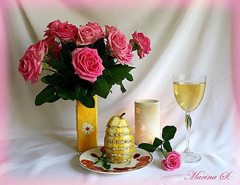 still life, bouquet, graphy, dessert, nice, candlestick, rose, flower, , roses, vase, beautiful, cup, pear, cool, flowers, wine, harmony HD wallpaper