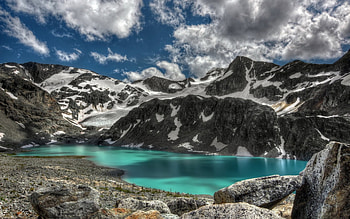 Snow Valley, winter, valley, snow, clouds, nature, mountains, lake HD wallpaper