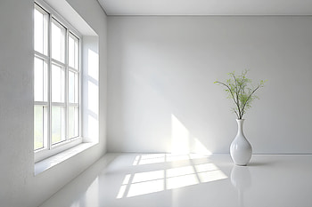 A Clean, White Room with Soft Sunlight Filtering Through a Single Window and a Standalone, minimalist, calm, soft aesthetic, white HD wallpaper