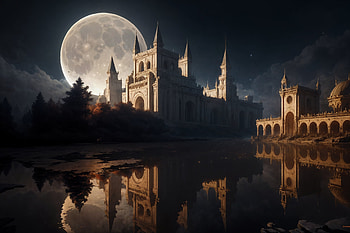 fantasy, castle, moon, pond, reflection HD wallpaper