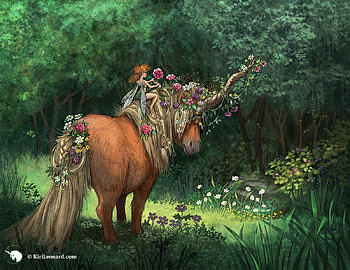 Unicorn and fairies, art, elf, summer, fairy, brown, fantasy, green, kiri leonard, unicorn, creature, vara HD wallpaper