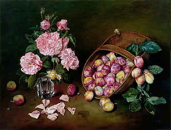 By Jose Escofet, rose, painting, art, flower, fruit, jose escofet HD wallpaper