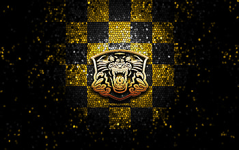 Nottingham Panthers, glitter logo, Elite League, yellow black checkered background, hockey, english hockey team, Nottingham Panthers logo, mosaic art HD wallpaper
