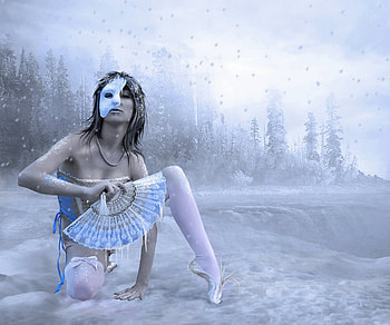 Invierno, winter, blue, mask, diva, ballet, woman, fan, ice HD wallpaper