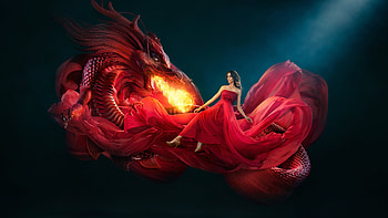 Gurl and dragon, fire, fantasy, red, dragon, girl, dress HD wallpaper