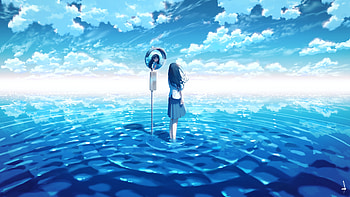 Anime Girl Water Horizon Blue Sky Background Reflection Anime Girl HD wallpaper