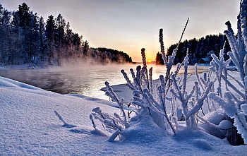 River Sunset, Winter, Nature, Sunset, River HD wallpaper